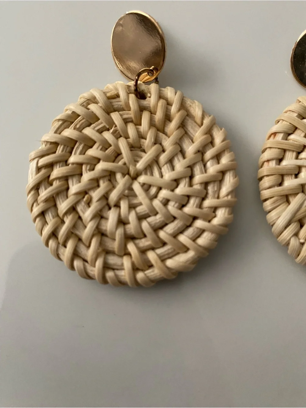 Woven Round Drop Earrings in Natural Straw with Gold Accents